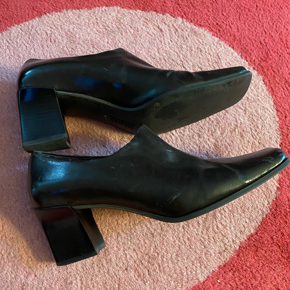 Franco Sarto Black Leather Pointed Block Heel Pumps